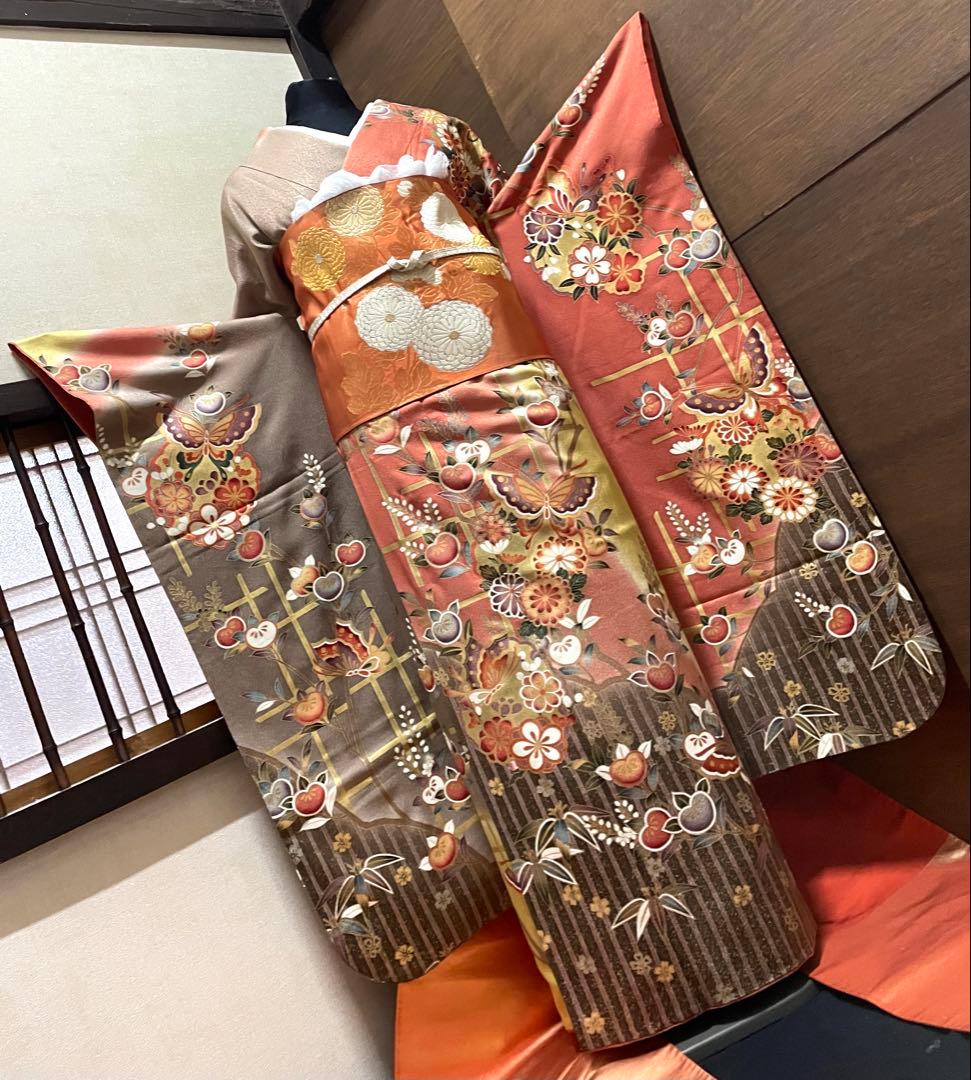 振袖フルセット6点サイズM〜Ｌ舞蝶花文　暈し染め　金彩　正絹