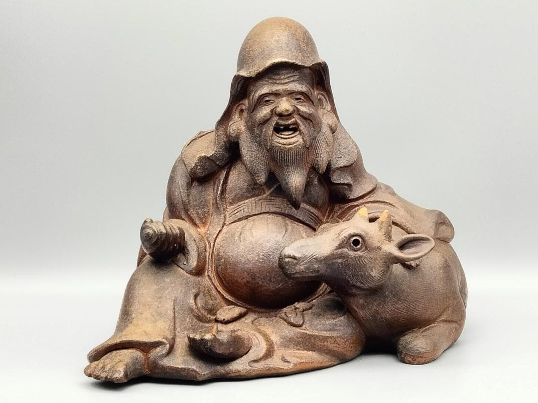 備前焼 古備前 備前国伊部村・木村盛治清近作 牛と寿老人 香炉仕立