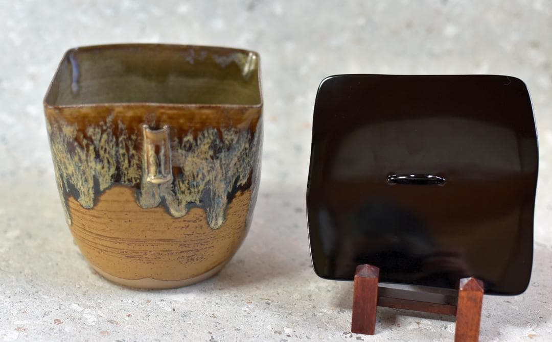 値下げ、十四代赤楽造　高取管耳水指角型　【極上品】水差　お茶道具/共箱