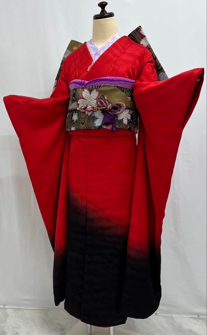 振り袖　フルセット　別誂絞り長襦袢付　赤　黒　ツートーン　成人式　 580