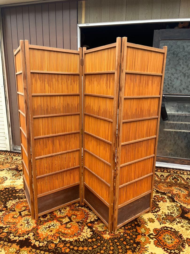 花寄屏風 4枚折 衝立 茶道具 パーテーション 目隠し インテリア 昭和レトロ