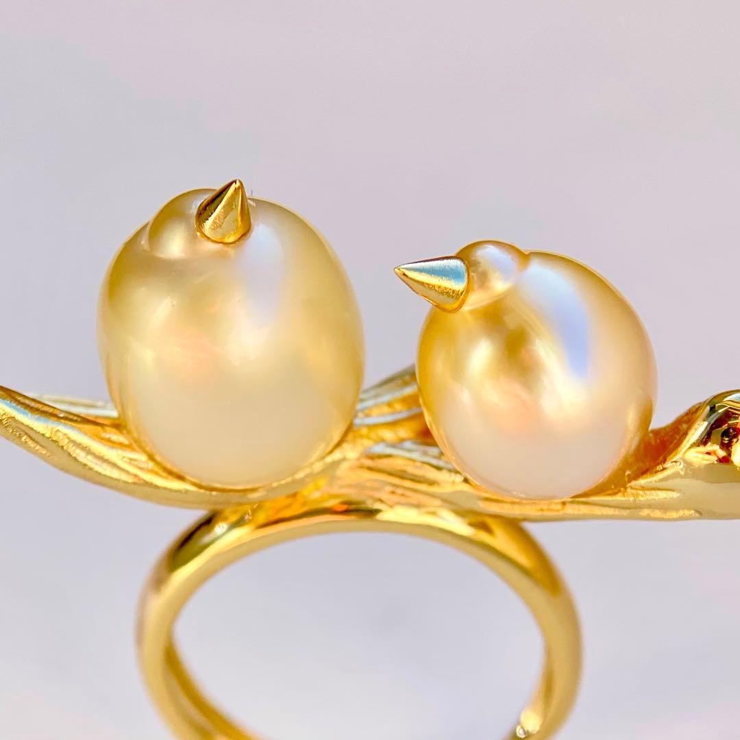 本真珠南洋白蝶真珠シャンパン&ゴールド「鳥と枝 」s925リングY1006