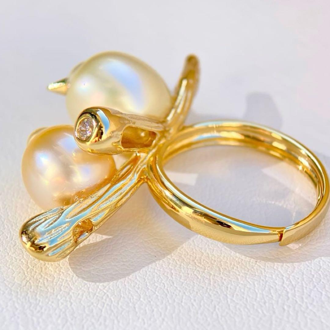 本真珠南洋白蝶真珠シャンパン&ゴールド「鳥と枝 」s925リングY1006