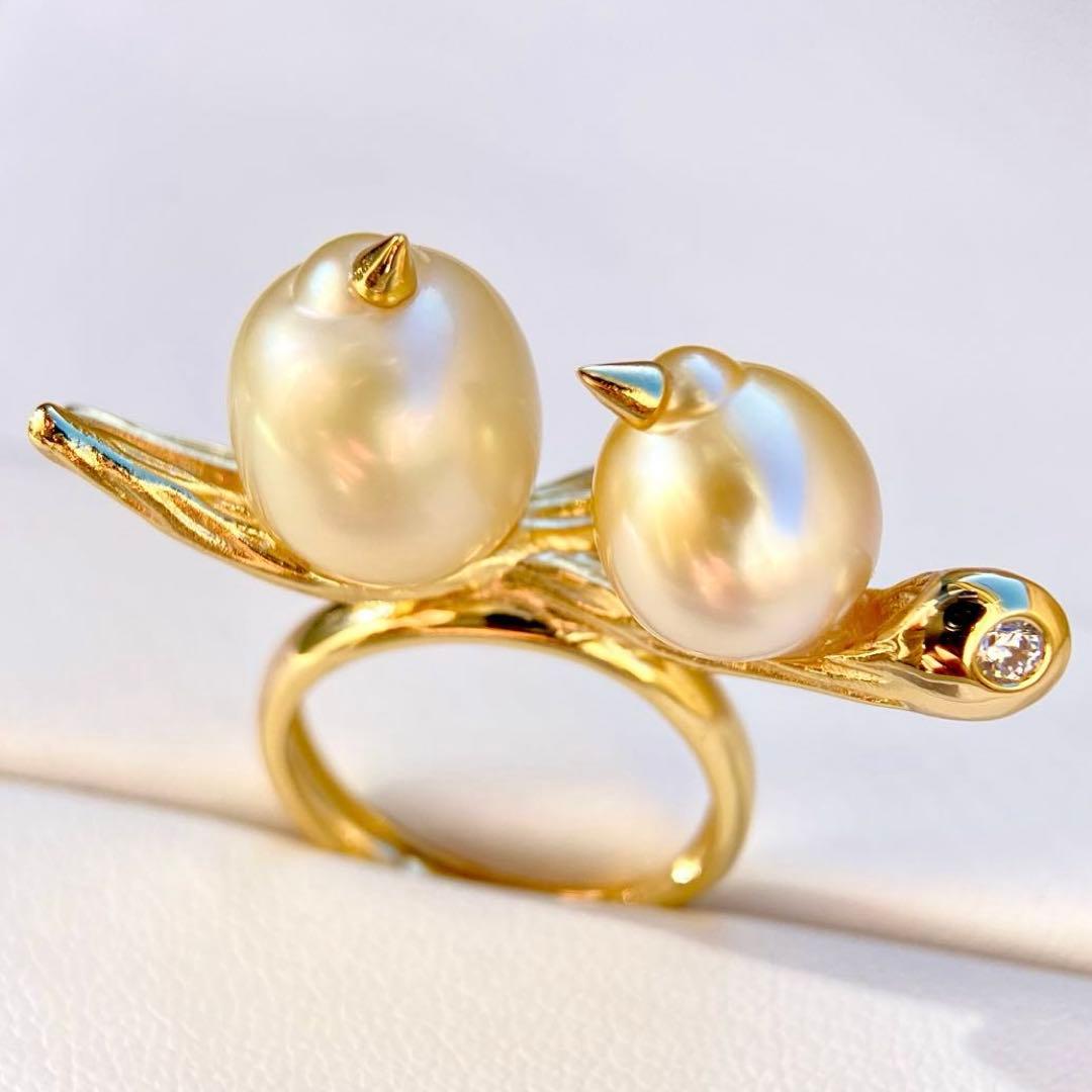 本真珠南洋白蝶真珠シャンパン&ゴールド「鳥と枝 」s925リングY1006