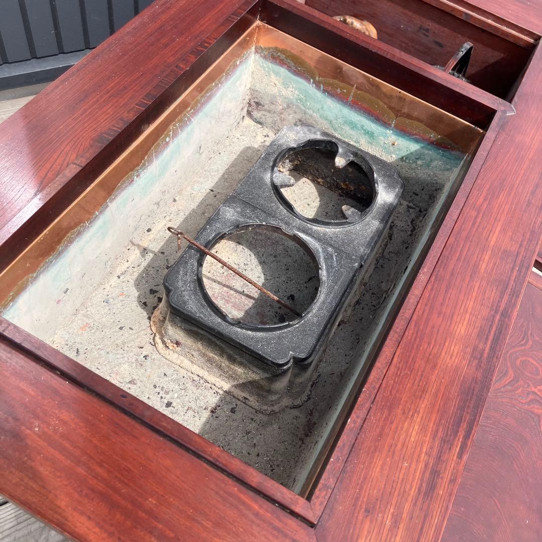 昭和レトロ 木製 長火鉢 3杯 引き出し収納付き 火鉢 五徳付き 囲炉裏 古家具
