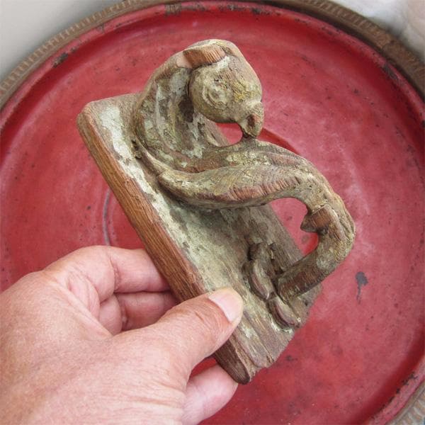 19世紀　インドの古い木彫　オウム　蛇　アンティーク