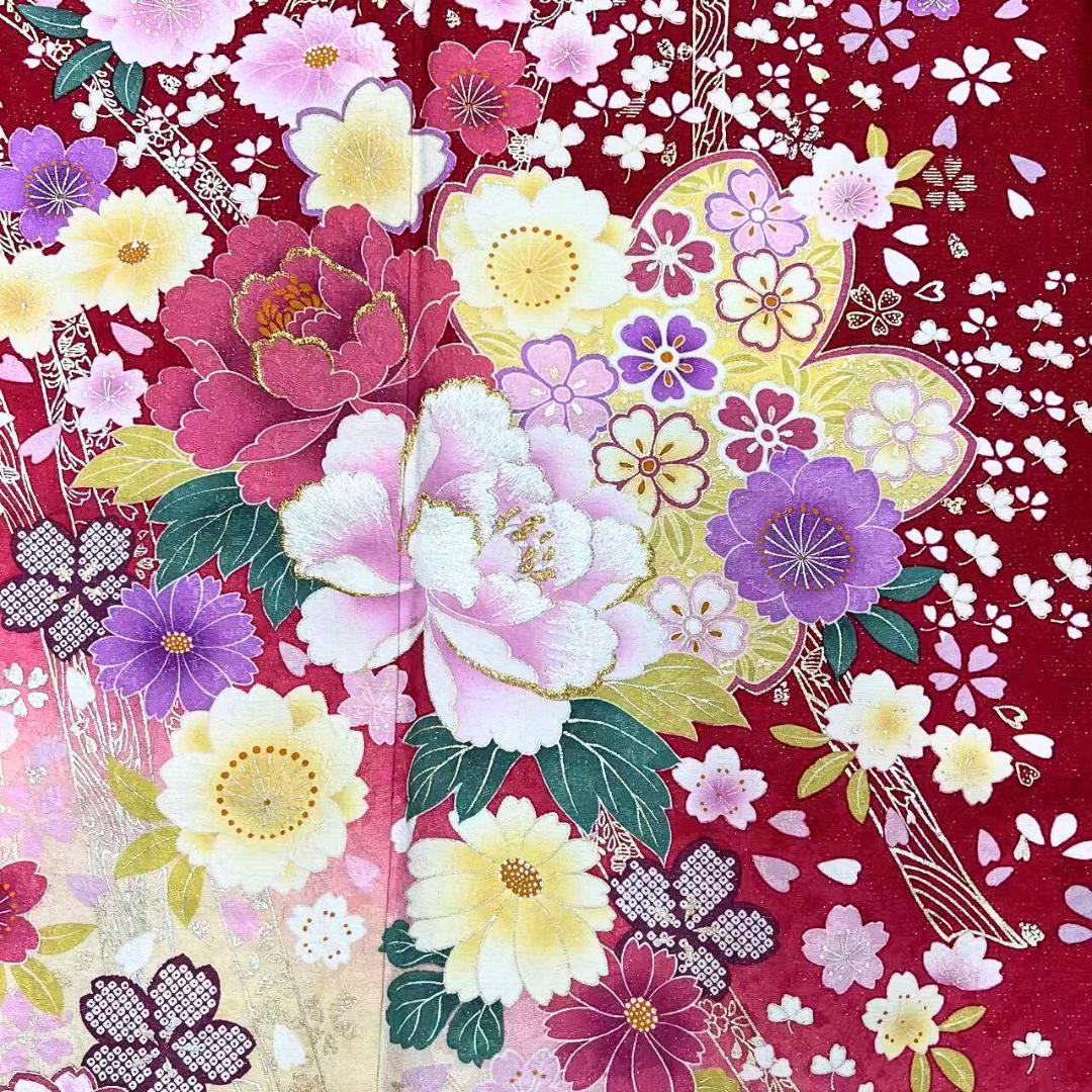 【お得品】 振袖セット 成人式 正絹 振袖 花柄 桜 赤 S87 ●