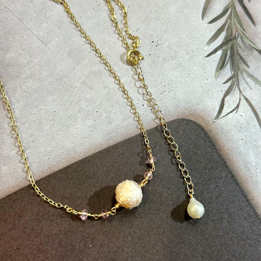 専用✳︎2点おまとめ　あこや真珠フラワーカービング　14kgf　天然石ネックレス他
