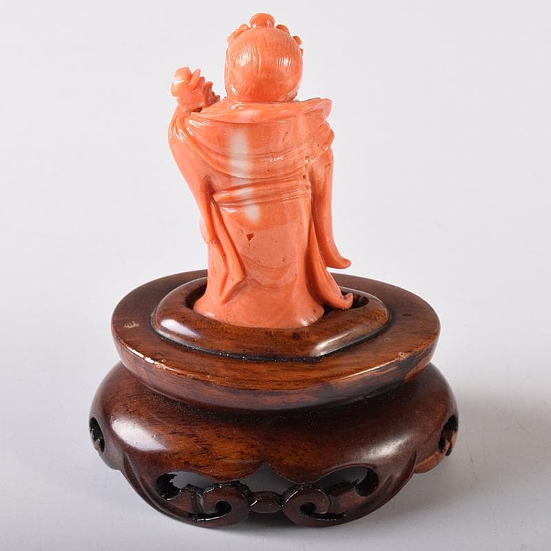 中国　赤珊瑚彫刻　サンゴ　弁財天像　七福神　置物　唐木台付　G　8383