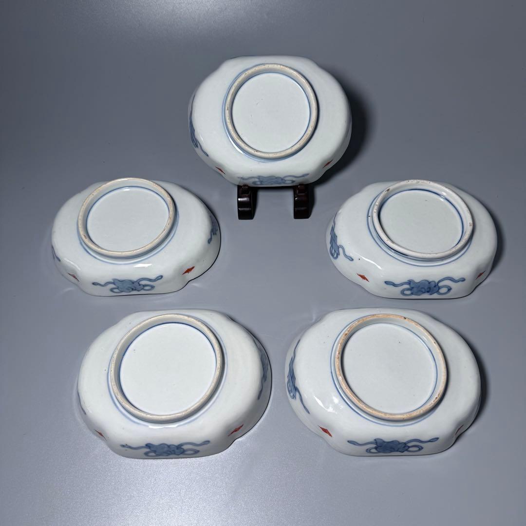 古伊万里　色絵幾何学文木瓜形皿　五客　裏文様有　巻物　宝珠　幕末〜明治期