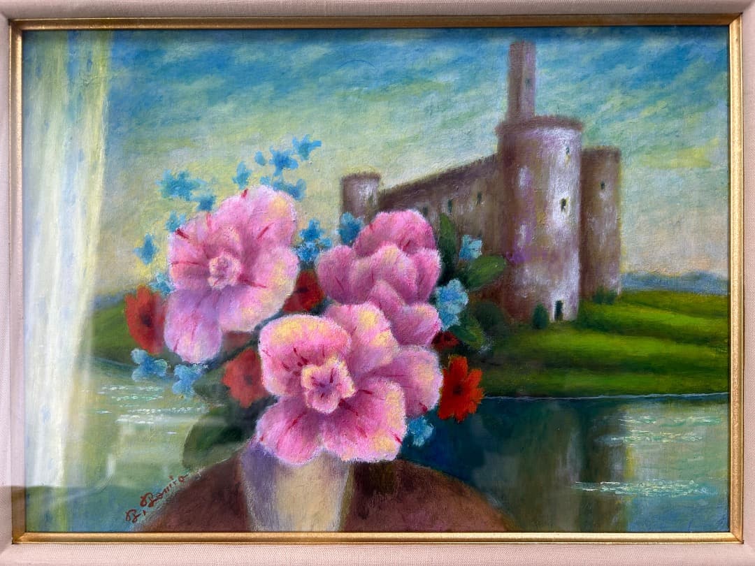 立松富雄作『花とシャトー (皐月)』(油彩)