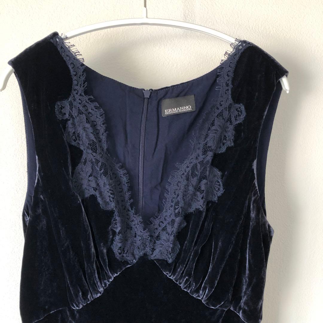 【エルマンノシェルヴィーノ】 ネイビー ロングドレス ベルベット