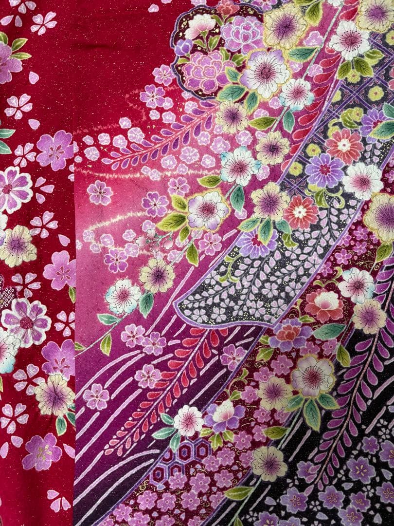 赤 花柄 振袖 着物　辻が花
