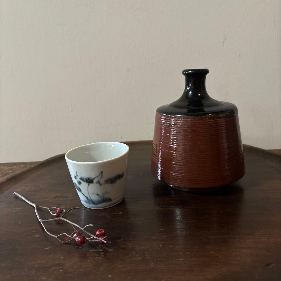 大堀相馬鉄釉徳利花入　古丹波天目釉　酒器　花器　骨董　アンティーク　茶道具　李朝