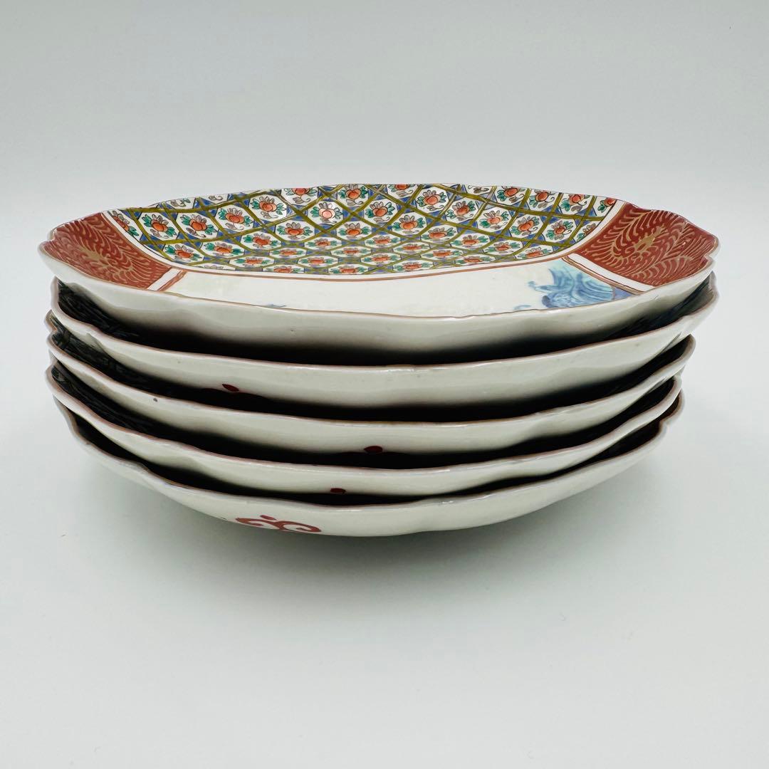 【時代　伊万里焼　滝に鯉　絵付皿　五客】骨董　アンティーク　インテリア