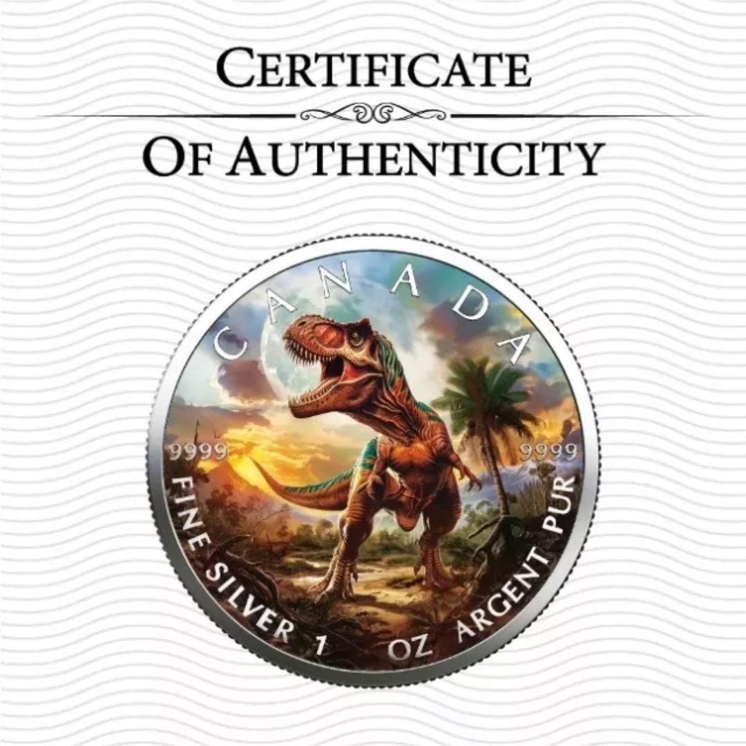 100枚限定！ メイプルリーフ 銀貨 カラー 肉食最強 ティラノサウルス 恐竜