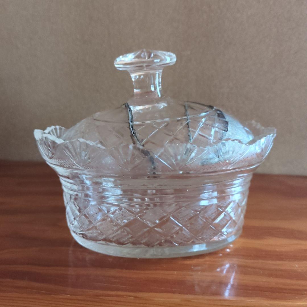 ギヤマン 花模様 ガラス容器 木箱付き　江戸硝子