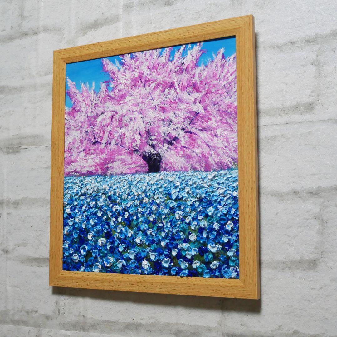 油絵 油彩 油彩画 絵 絵画【桜とネモフィラ】