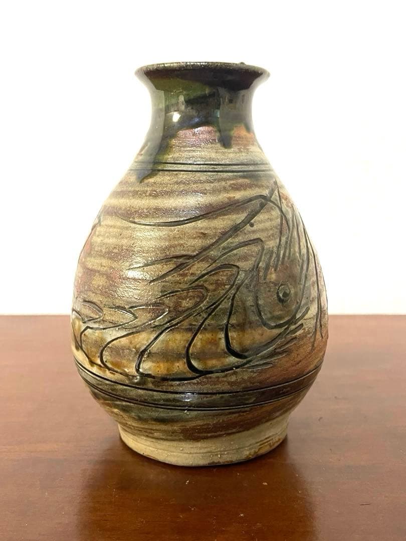 【窯キズあり】金城次郎 海老魚文花瓶 壺屋焼 沖縄 焼物 やちむん 金継ぎ