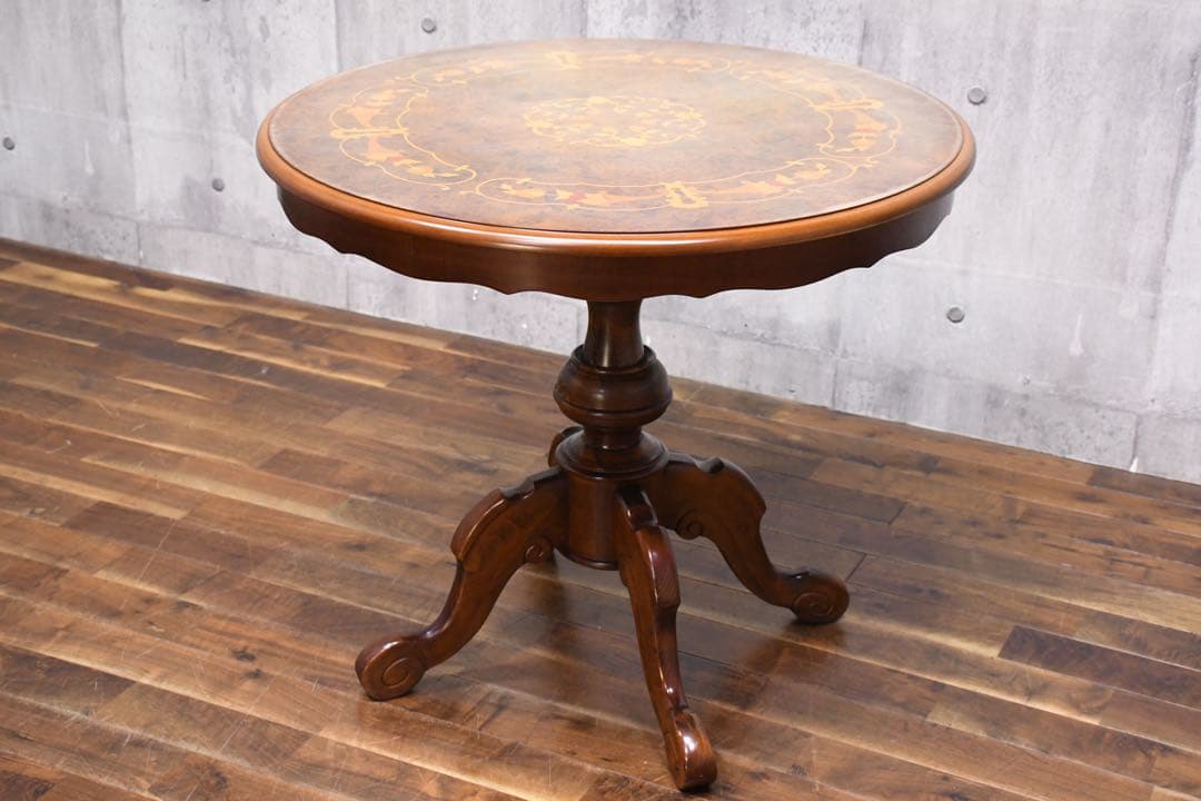 ECK34 イタリア製 猫脚 象嵌 レリーフ カフェテーブル ラウンドテーブル