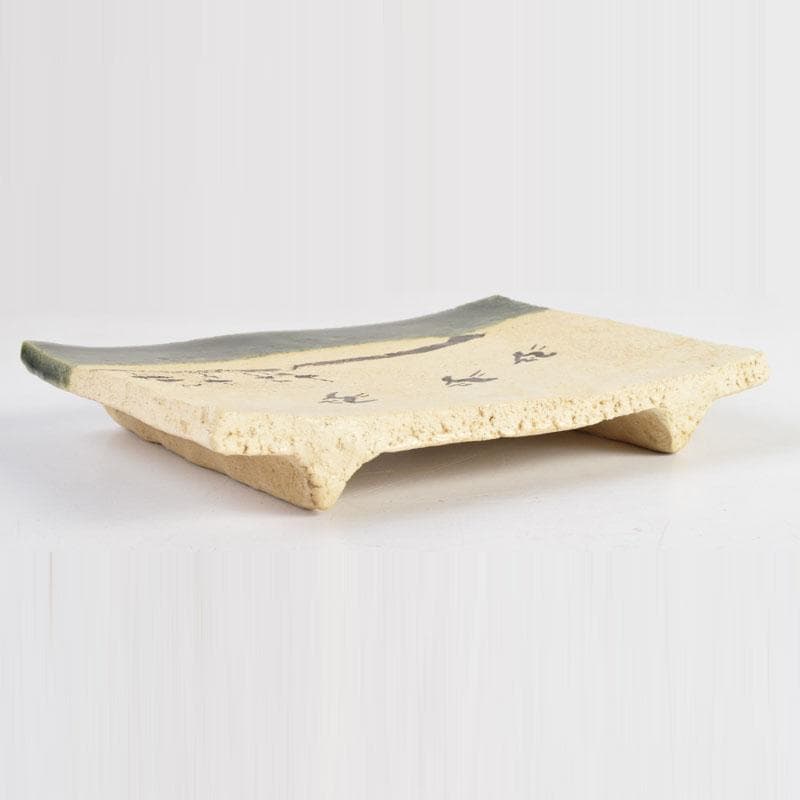 北大路魯山人作　織部焼　青織部　鳥文　四方皿　五客　時代箱　M　8981