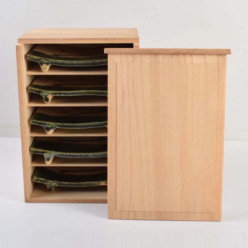 北大路魯山人作　織部焼　青織部　鳥文　四方皿　五客　時代箱　M　8981