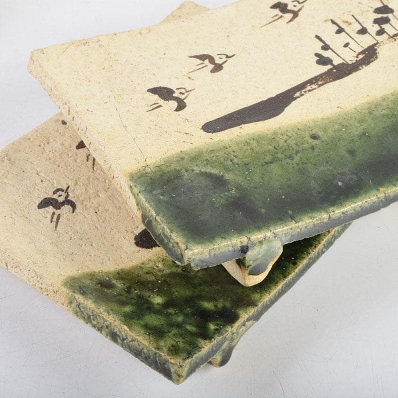 北大路魯山人作　織部焼　青織部　鳥文　四方皿　五客　時代箱　M　8981