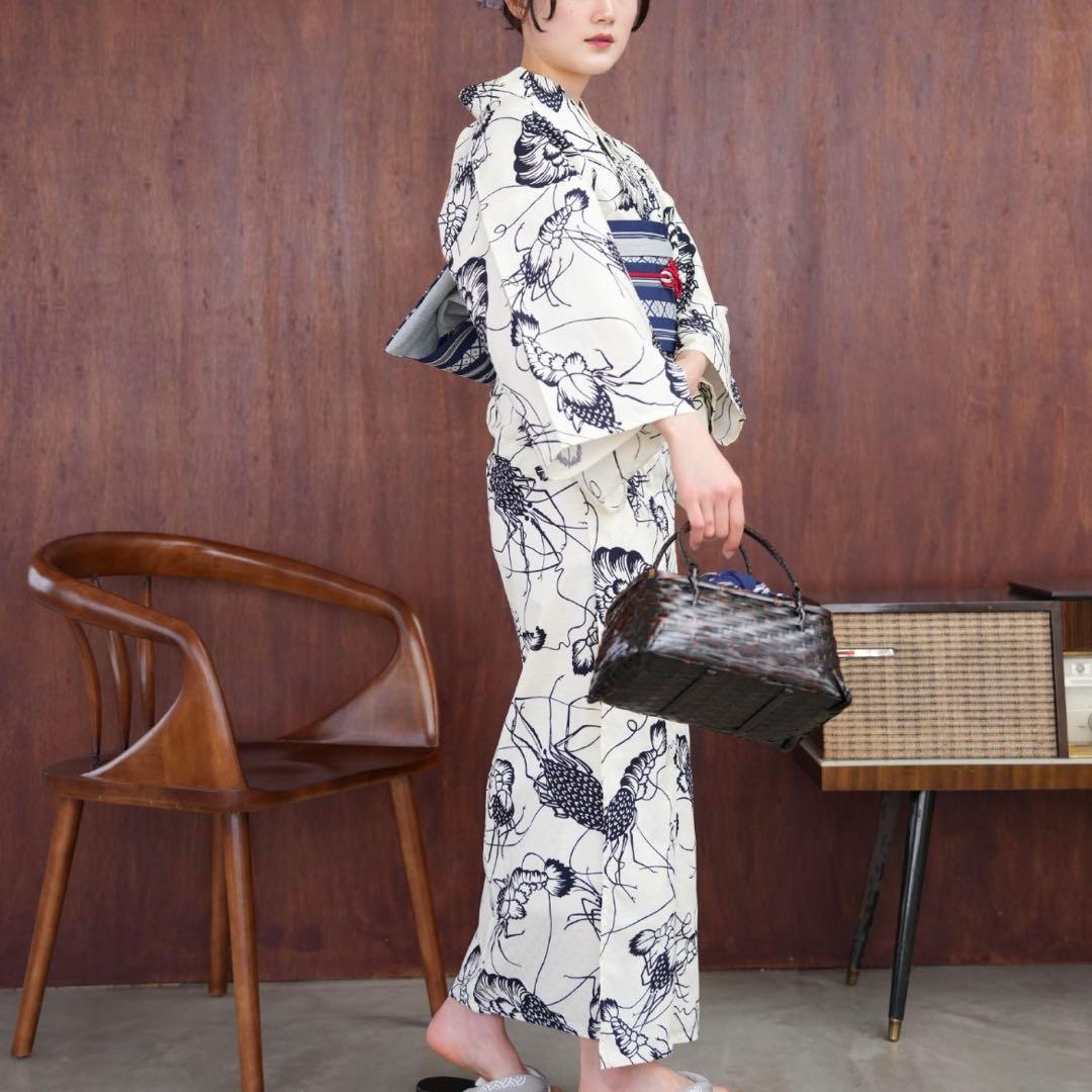 ニコアンティークオリジナル　国内染色 古典柄レトロ　伊勢海老　浴衣　花火大会