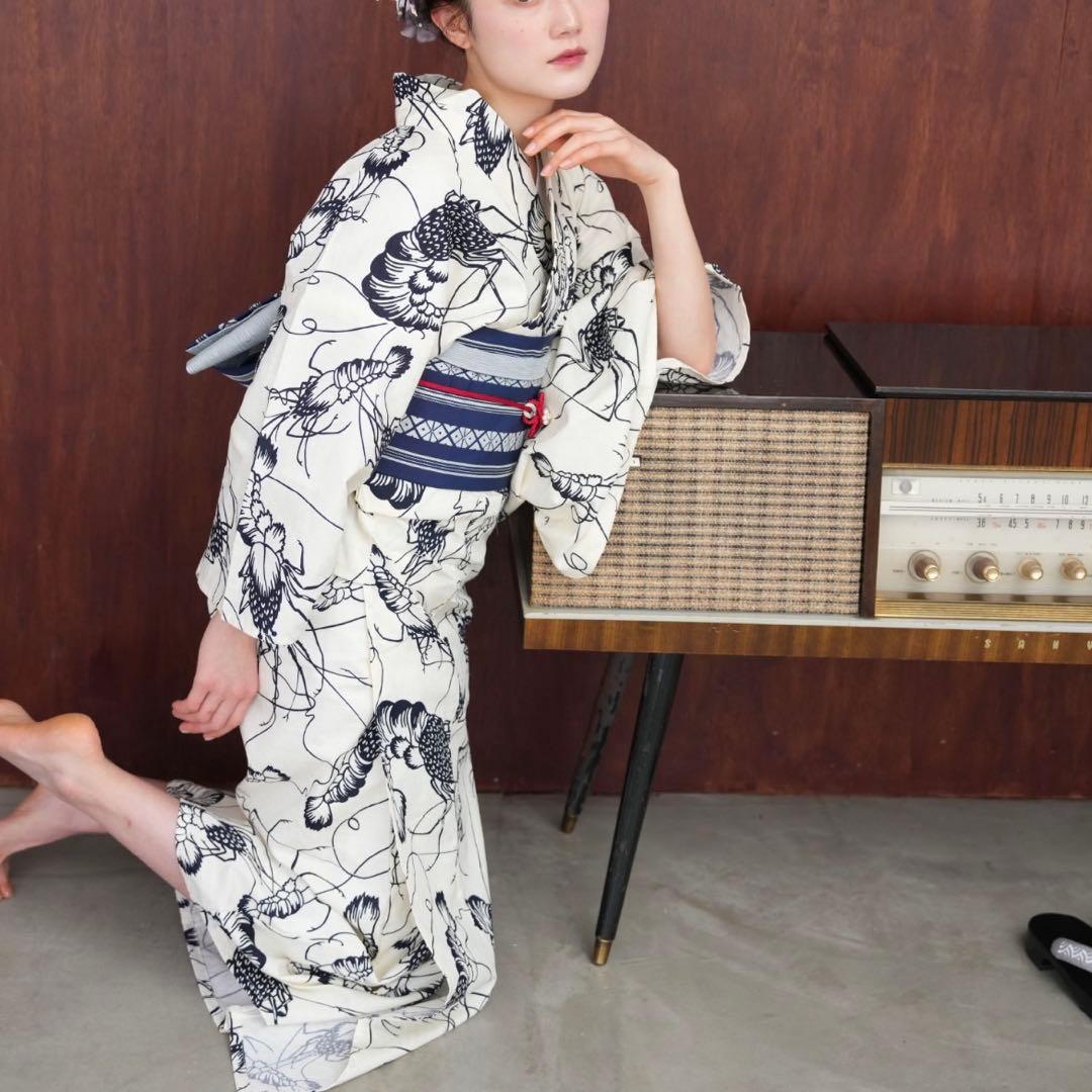 ニコアンティークオリジナル　国内染色 古典柄レトロ　伊勢海老　浴衣　花火大会