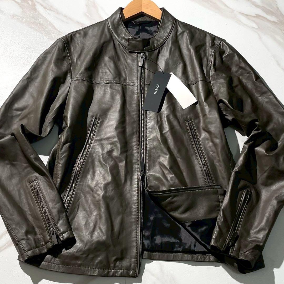 未使用タグ付✨JOSEPH 八の字ジップ 羊革 シングルライダースジャケット 緑