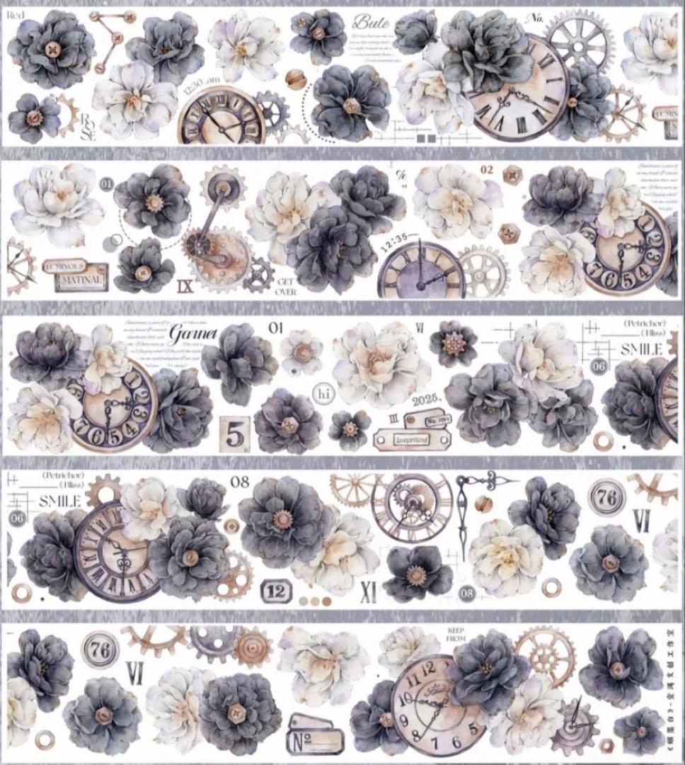 贝壳光 烟墨白 6cm×6m 海外マスキングテープ　海外マステ　時計　花