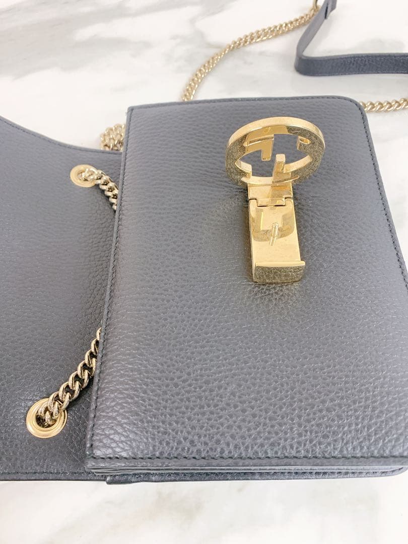 ＋GUCCI インターロッキングG チェーン　ショルダーバッグ レザー ブラック