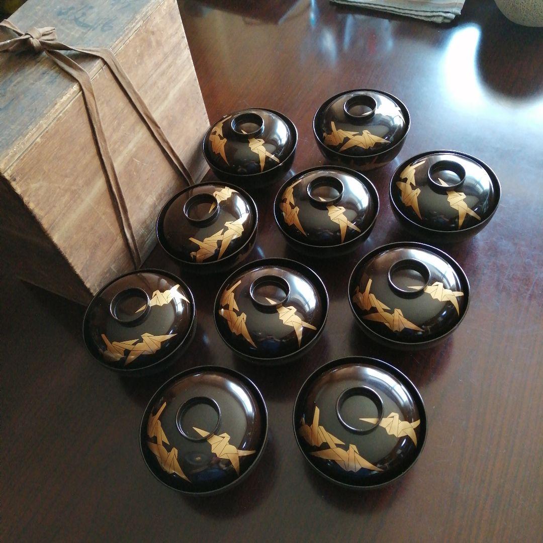 木製漆器　金彩折鶴画蓋付椀　10客　12.2cm　大正期