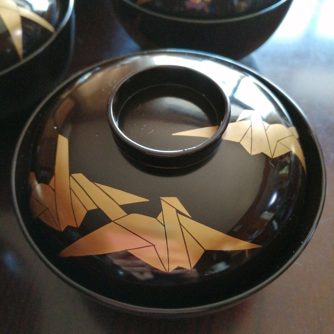 木製漆器　金彩折鶴画蓋付椀　10客　12.2cm　大正期