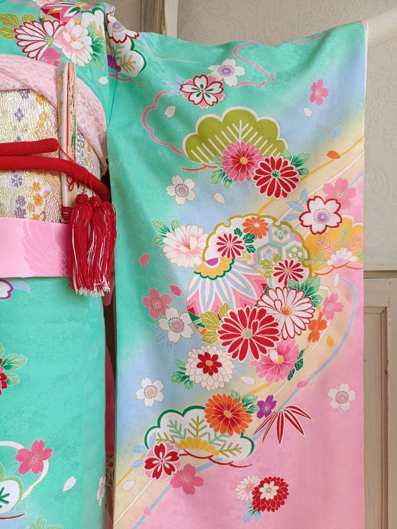 ミントグリーンの着物に白の作り帯セット☆七五三７歳　ハーフ成人式