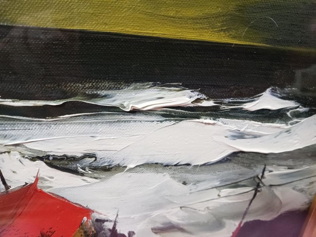 油彩画　葛西四雄作　「北の海と赤い屋根」　額付　SM　サイン有