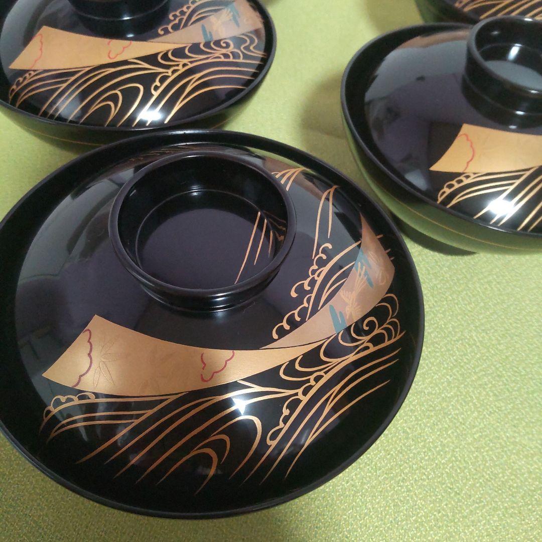 輪島塗 蓋付 椀 吸飲椀 波 鳥 金彩 蒔絵 松 黒 漆塗り 木箱付