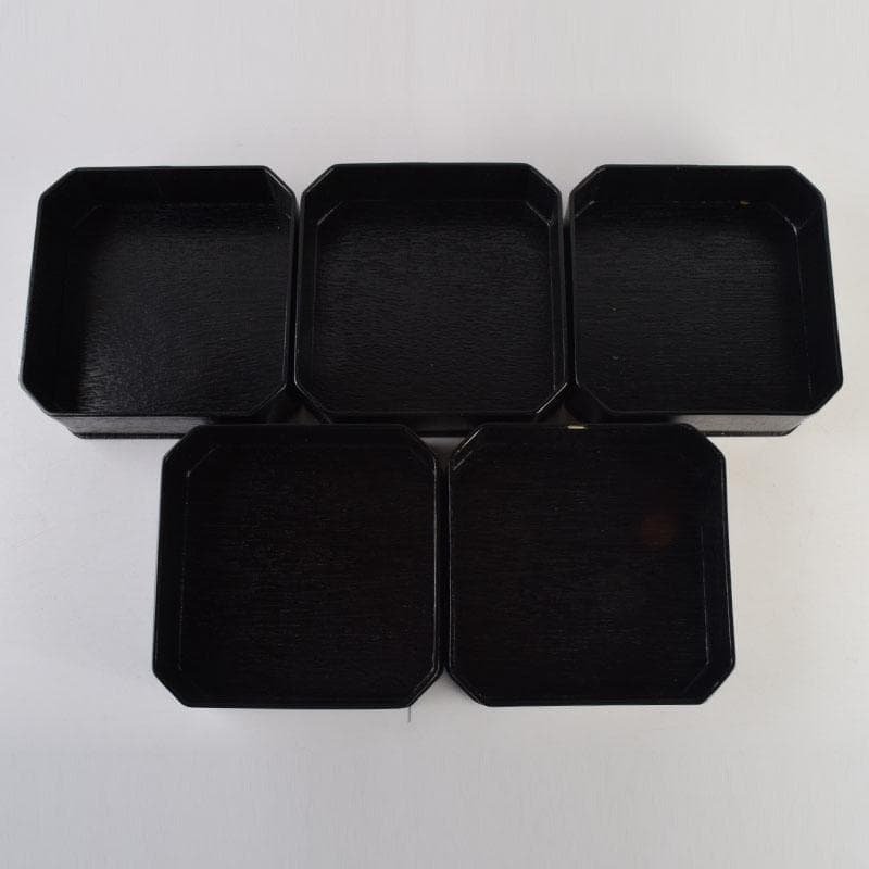 和食器　黒漆　松葉蒔絵　柿合　折曲重箱　5点　C　8625A