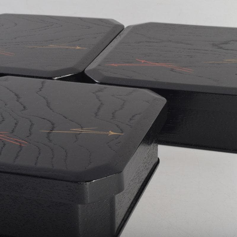 和食器　黒漆　松葉蒔絵　柿合　折曲重箱　5点　C　8625A