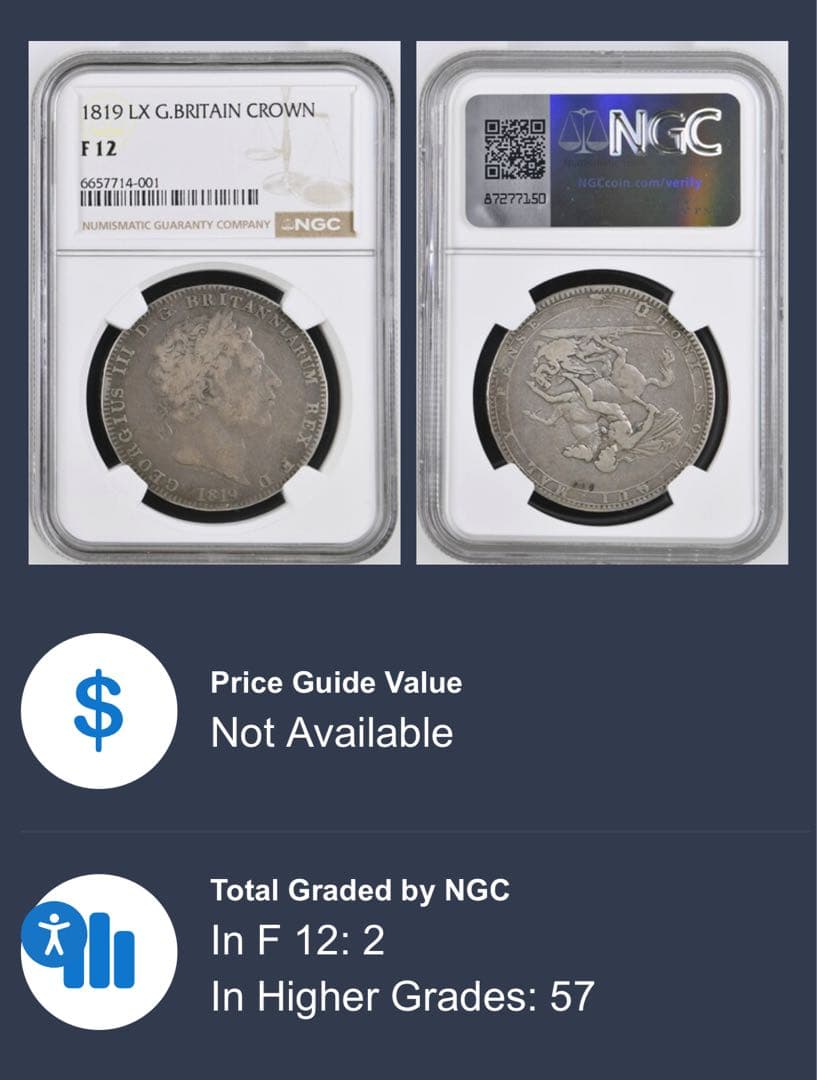 希少　イギリス　1819年 ジョージ3世　クラウン　NGC 鑑定　二重　刻印