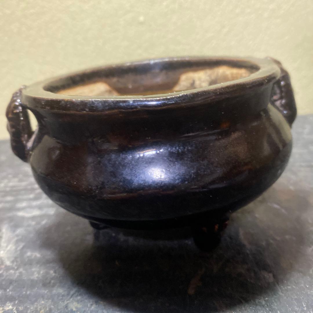 中国古玩　三つ足黒釉香炉7cm11cm