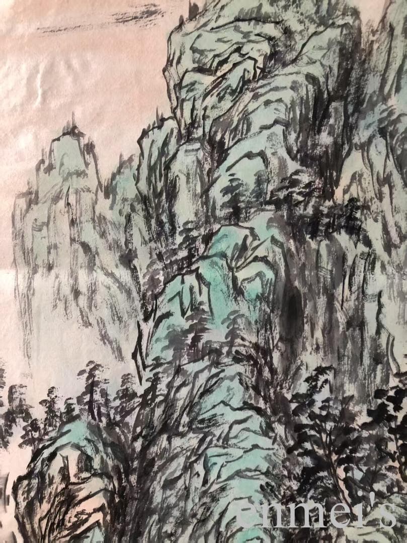 中国古美術・山水四条屏通屏画芯・黄宾虹印款・水墨画・純手描き・文房置物・水印付き