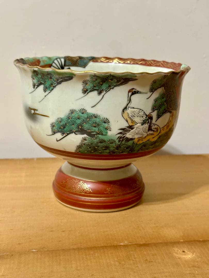 明治骨董鉢 古い重高台の菓子鉢 九谷銘　綺麗な　金彩錦　鶴と松絵　美術 送料無料