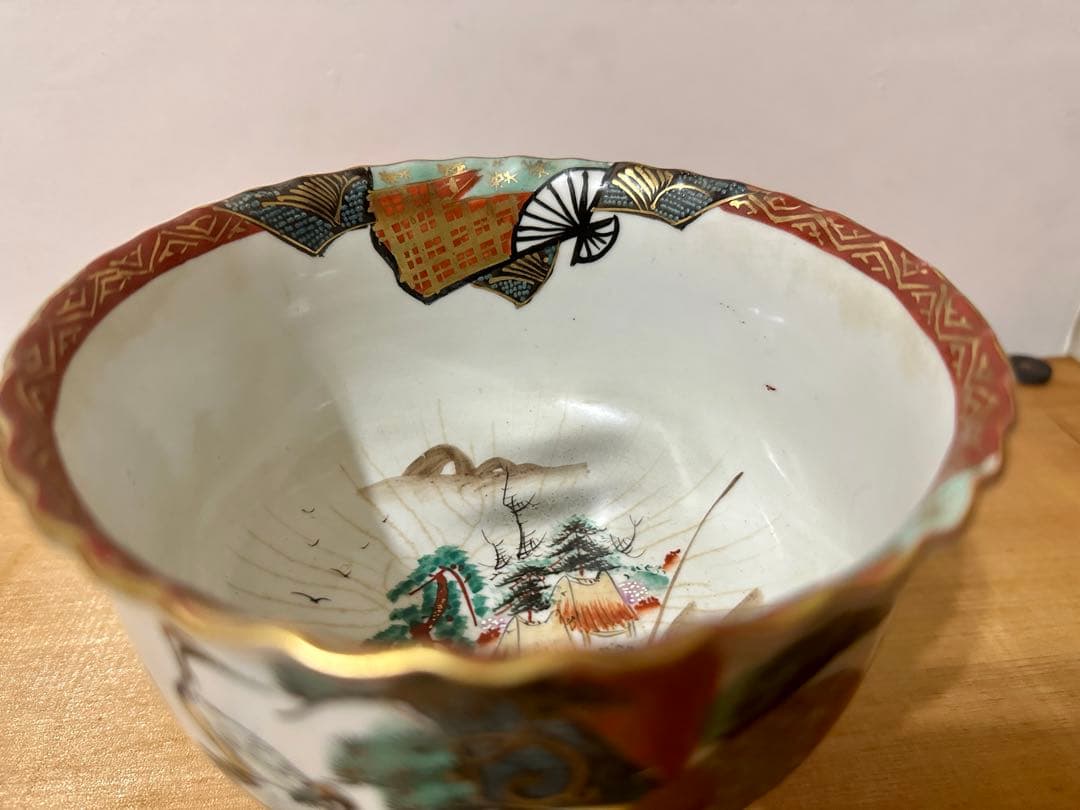 明治骨董鉢 古い重高台の菓子鉢 九谷銘　綺麗な　金彩錦　鶴と松絵　美術 送料無料
