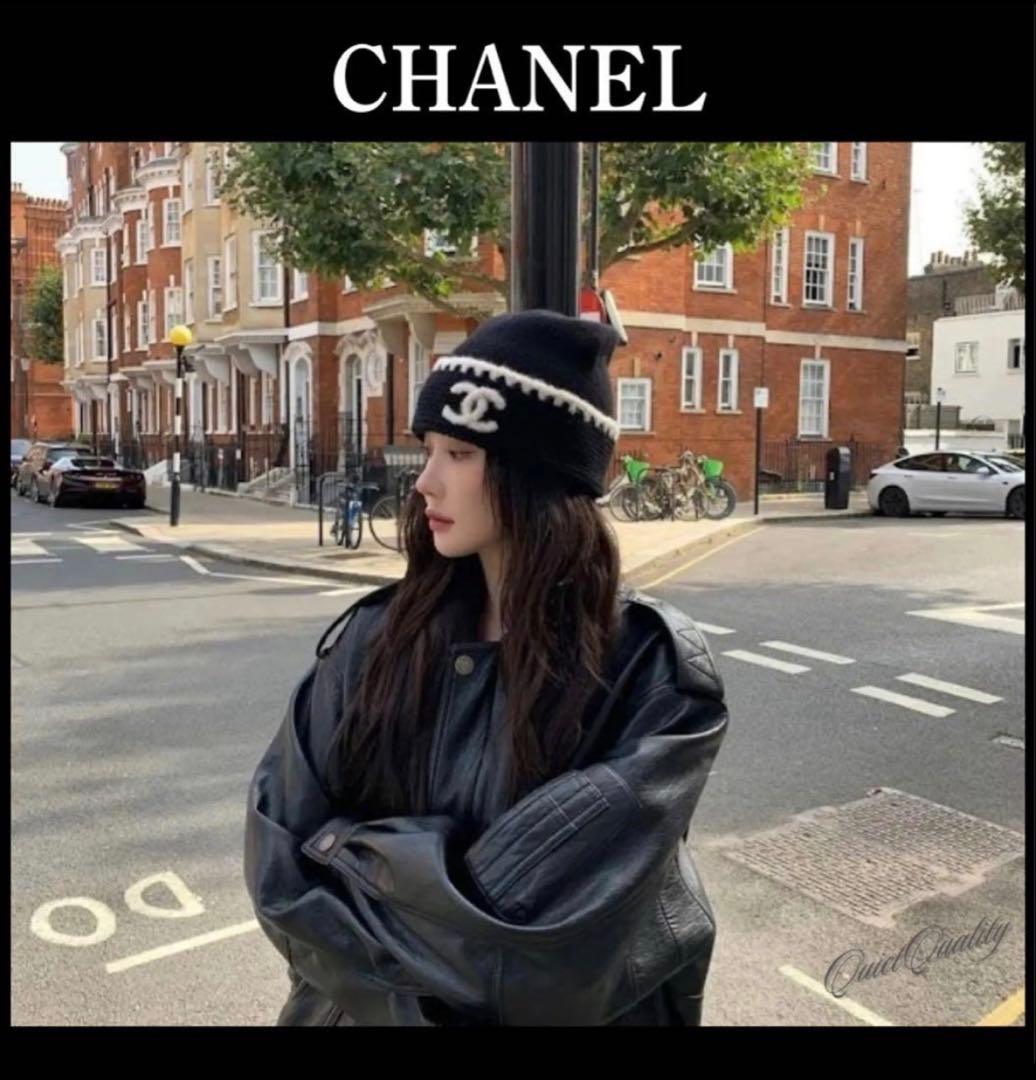 ラスト1点　即日発送　CHANEL CCマークニット帽 ブラック/ホワイト
