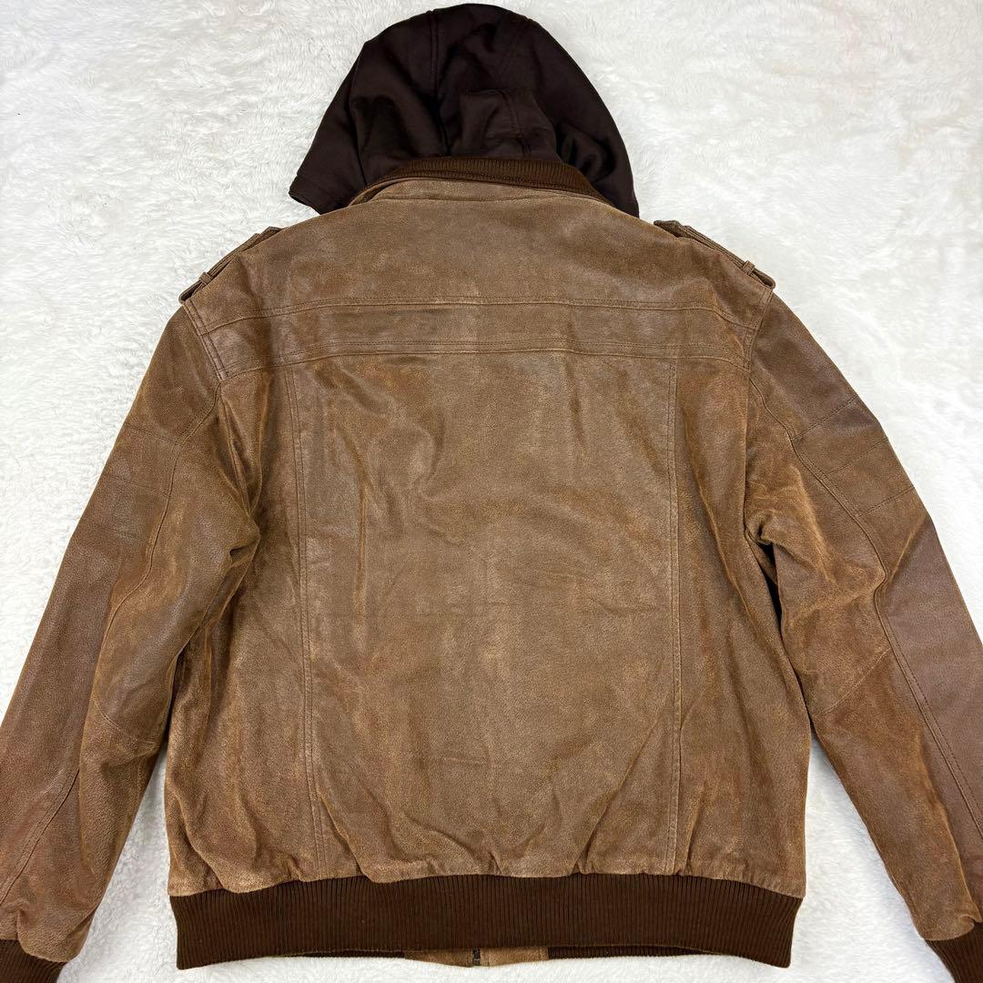 FLAVOR フード付 レザー ボマージャケット ライダースジャケット 茶色XL