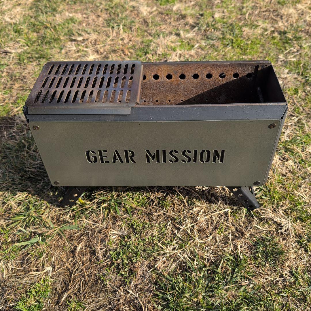 GEAR MISSION 2次燃焼焚き火台 オリーブ 専用ケース、五徳付き