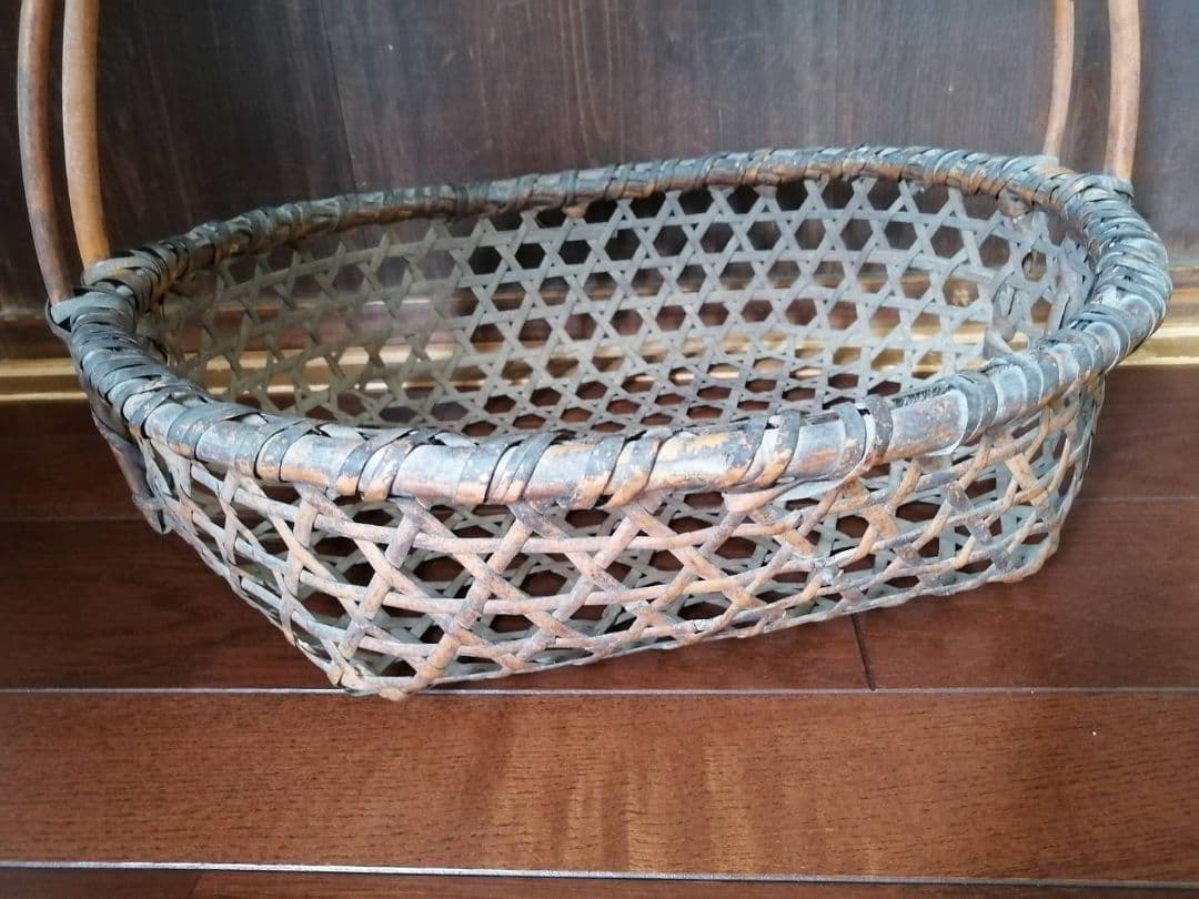古い手付きの摘み菜籠　「野の籠展」案内状付き