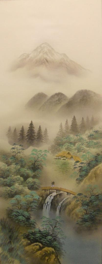 掛け軸 村井紫雲 彩色山水 絹本 希少 軸装 茶道具 掛軸 美品 です。