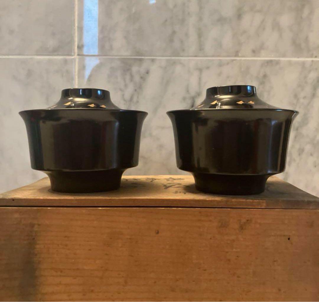 明治時代　金彩の絢爛豪華な千鳥や松、形が美しい木製輪島漆塗りお椀2客